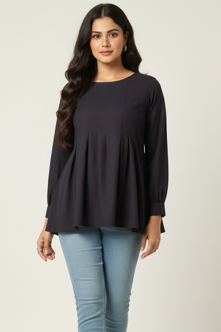 Twilight Flow Top – Navy Blue Short Shirt | Premium Double Georgette