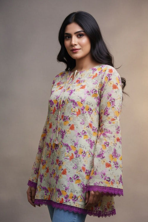 Floral Verse Kurti – Beige & Purple Short Top | Premium Pure Lawn