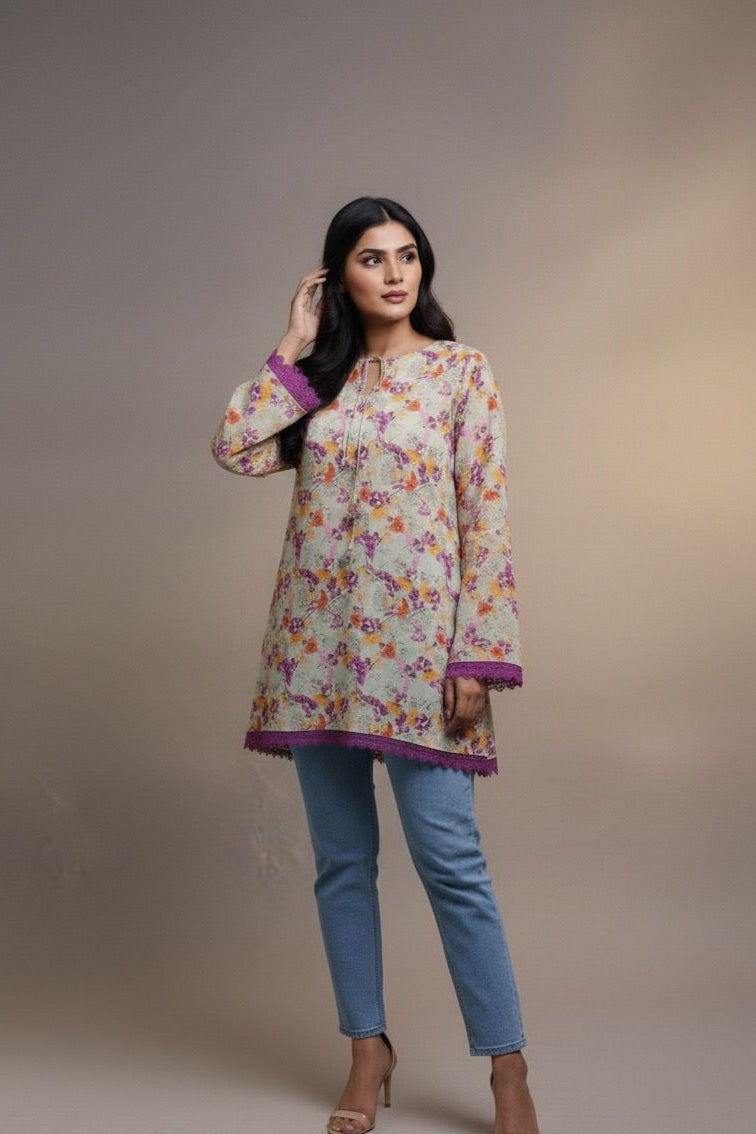 Floral Verse Kurti – Beige & Purple Short Top | Premium Pure Lawn