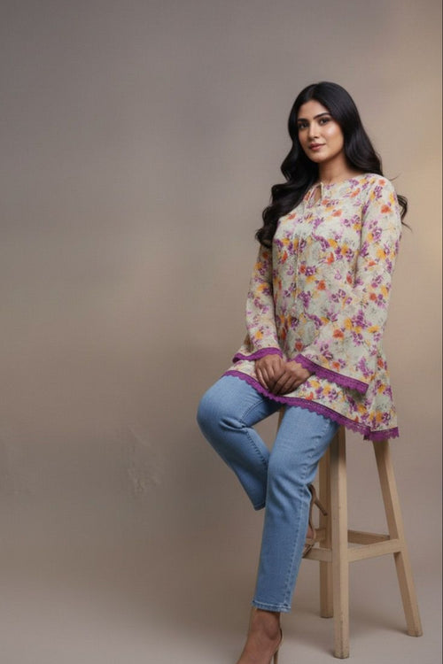Floral Verse Kurti – Beige & Purple Short Top | Premium Pure Lawn