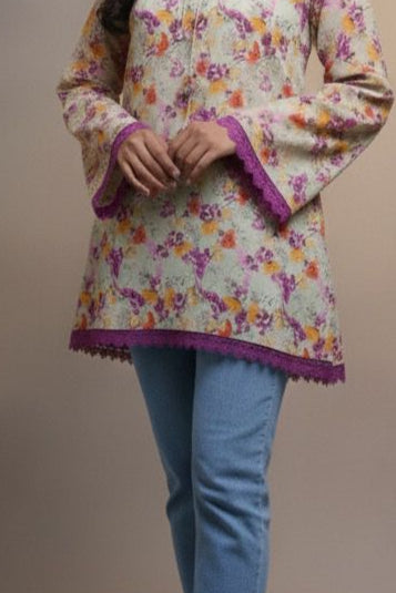 Floral Verse Kurti – Beige & Purple Short Top | Premium Pure Lawn
