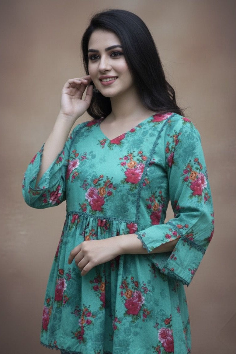 Forest Hour Kurti – Green Short Top | Premium Pure Lawn