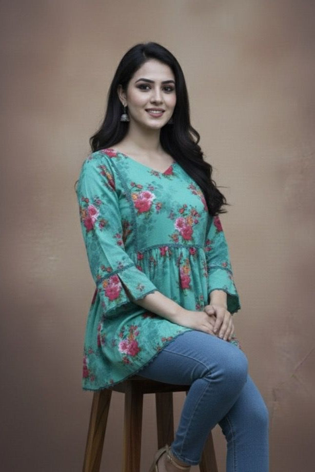Forest Hour Kurti – Green Short Top | Premium Pure Lawn