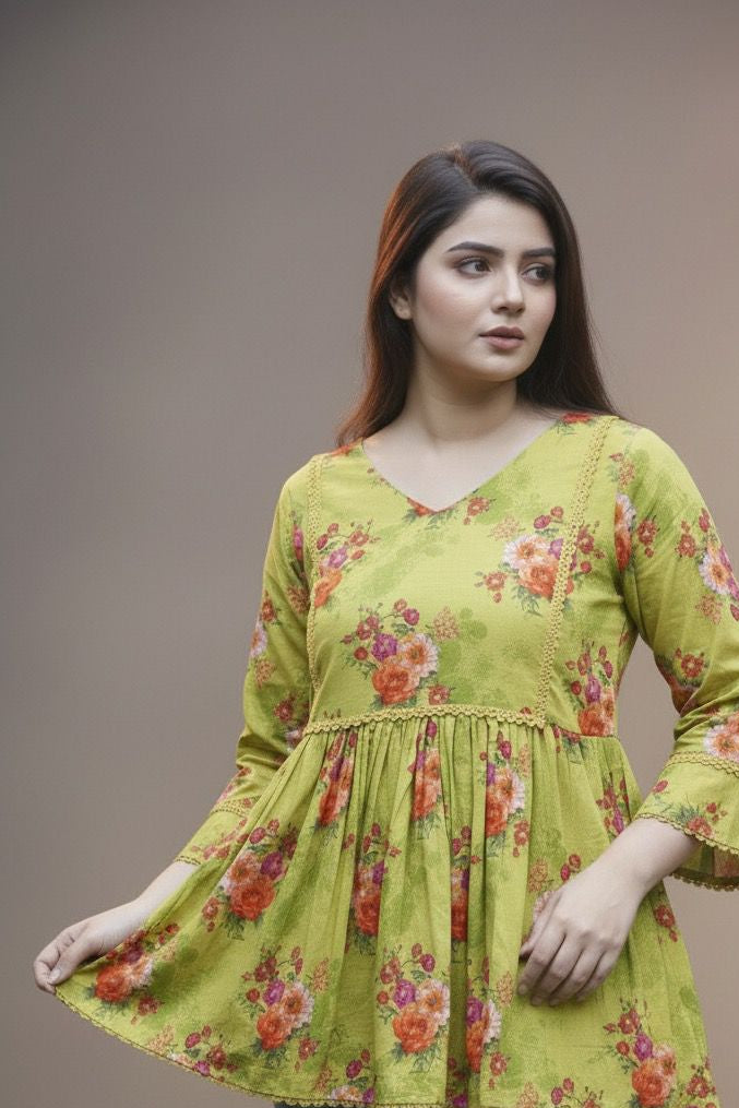Sun Dew Kurti – Light Green Short Top | Premium Pure Lawn