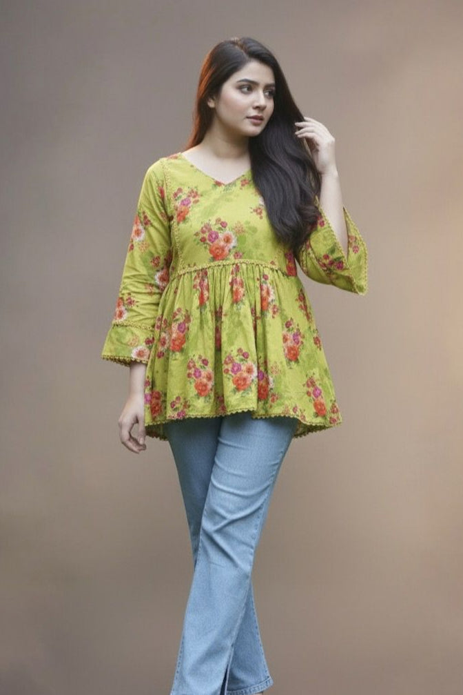 Sun Dew Kurti – Light Green Short Top | Premium Pure Lawn