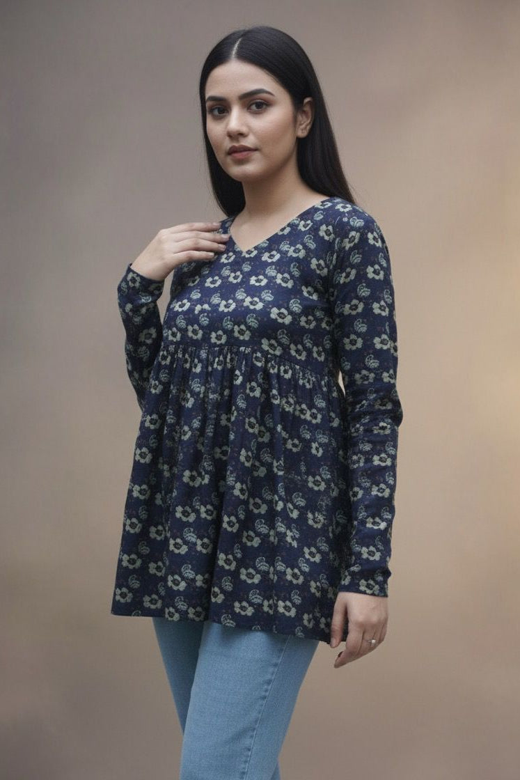 Mid Night Bloom Kurti – Dark Blue Short Top | Premium Pure Lawn