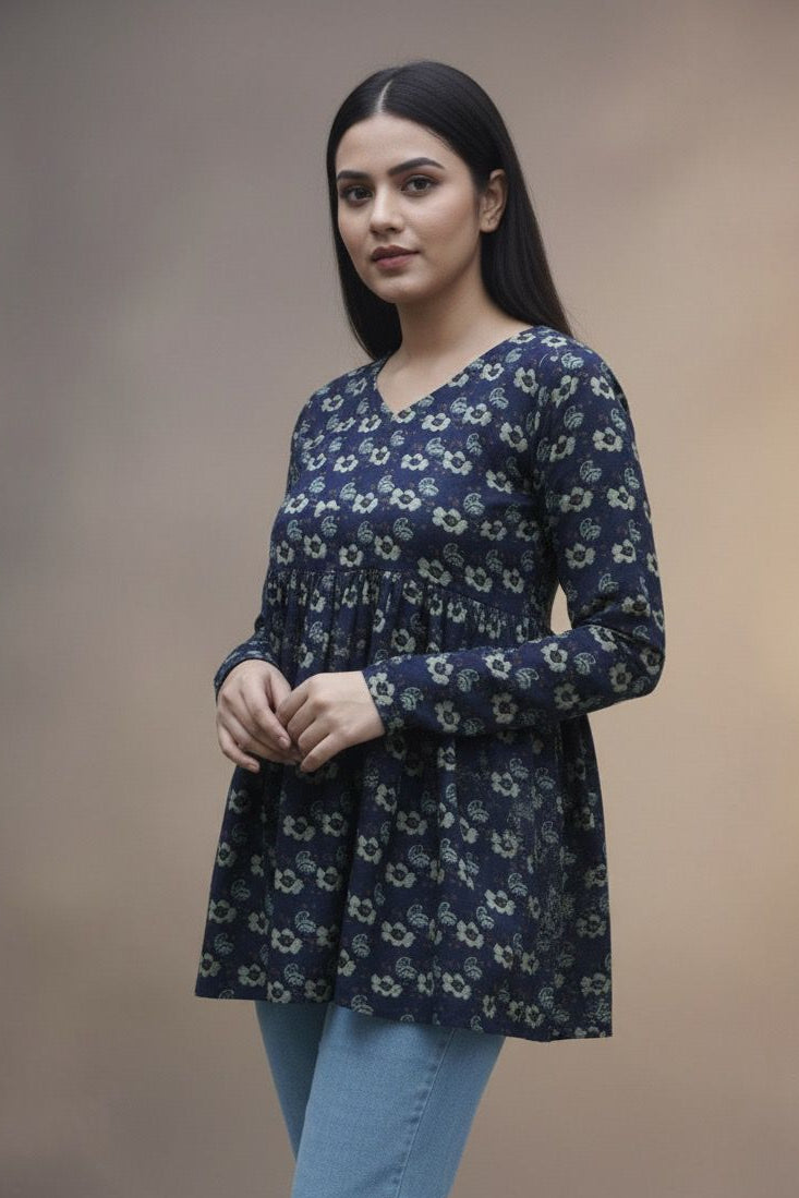 Mid Night Bloom Kurti – Dark Blue Short Top | Premium Pure Lawn