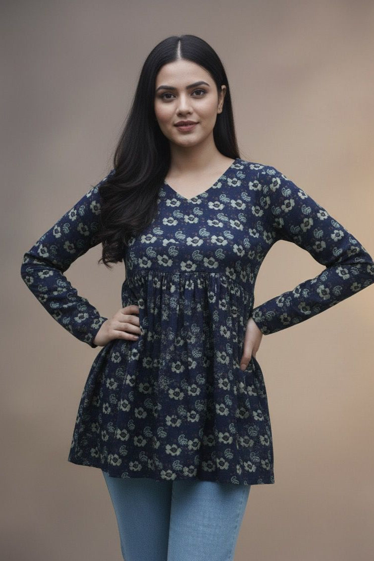 Mid Night Bloom Kurti – Dark Blue Short Top | Premium Pure Lawn