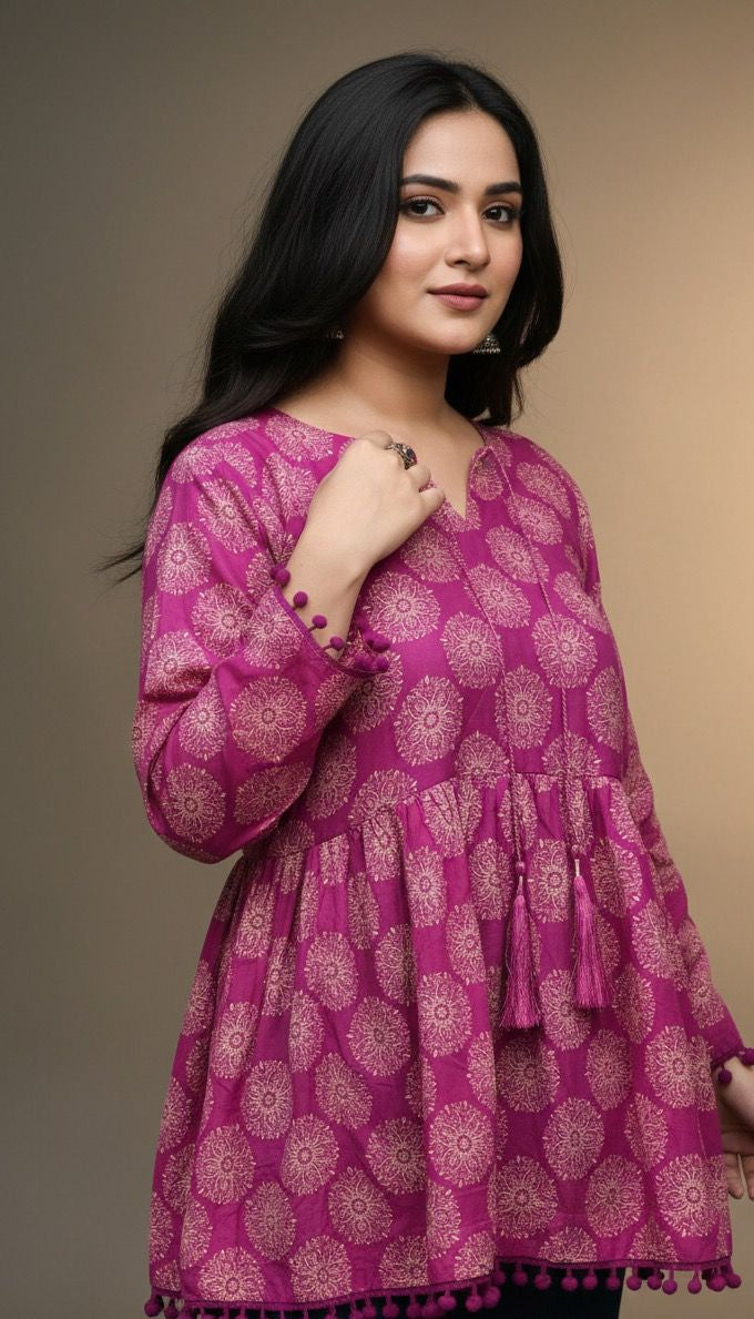 Zehra Short Kurti – Purple Printed Top | Premium Pure Lawn