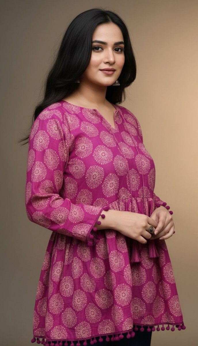 Zehra Short Kurti – Purple Printed Top | Premium Pure Lawn