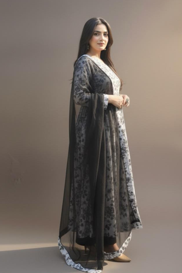 Roohi 3-Piece Suit Set – Ivory Anarkali with Black Floral Print