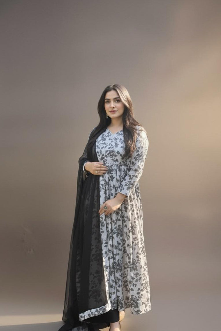 Roohi 3-Piece Suit Set – Ivory Anarkali with Black Floral Print