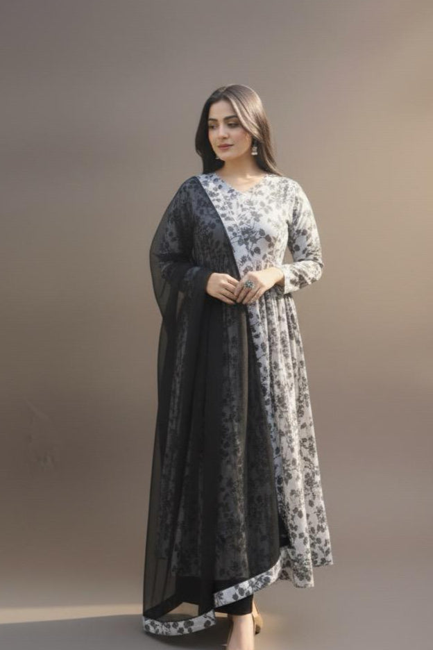 Roohi 3-Piece Suit Set – Ivory Anarkali with Black Floral Print